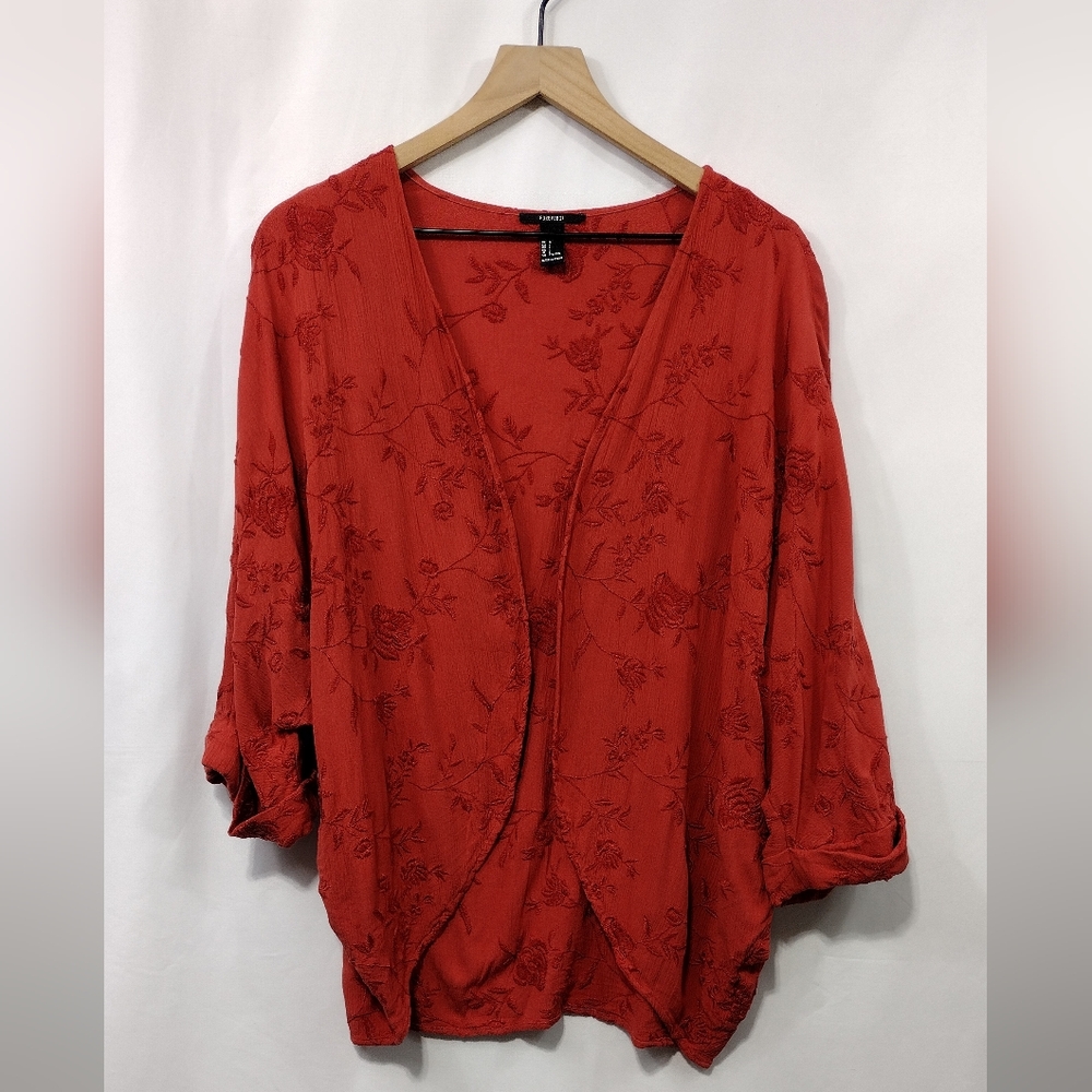 Forever 21 Embroidered Floral Cardigan Women's L Red Boho Retro 90s Cottagecore